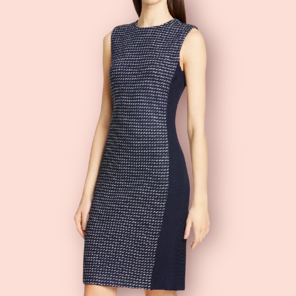 St. John Navy Blue/White Dotted Tweed Inlay Knit Sleeveless Sheath Dress